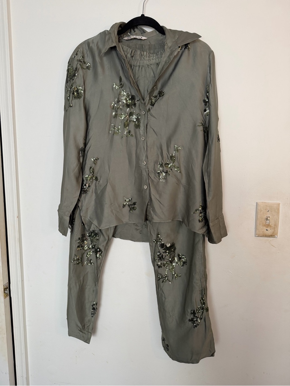 Zara Olive Green Embellished Two-Piece Set